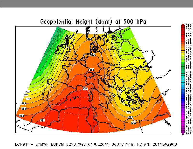 geopotenziale a 500hPa previsto per il 1 luglio 2015