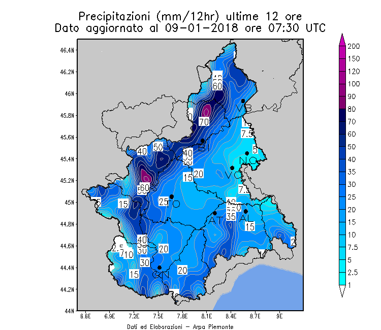 Precipitazioni misurate nelle ultime 12 ore